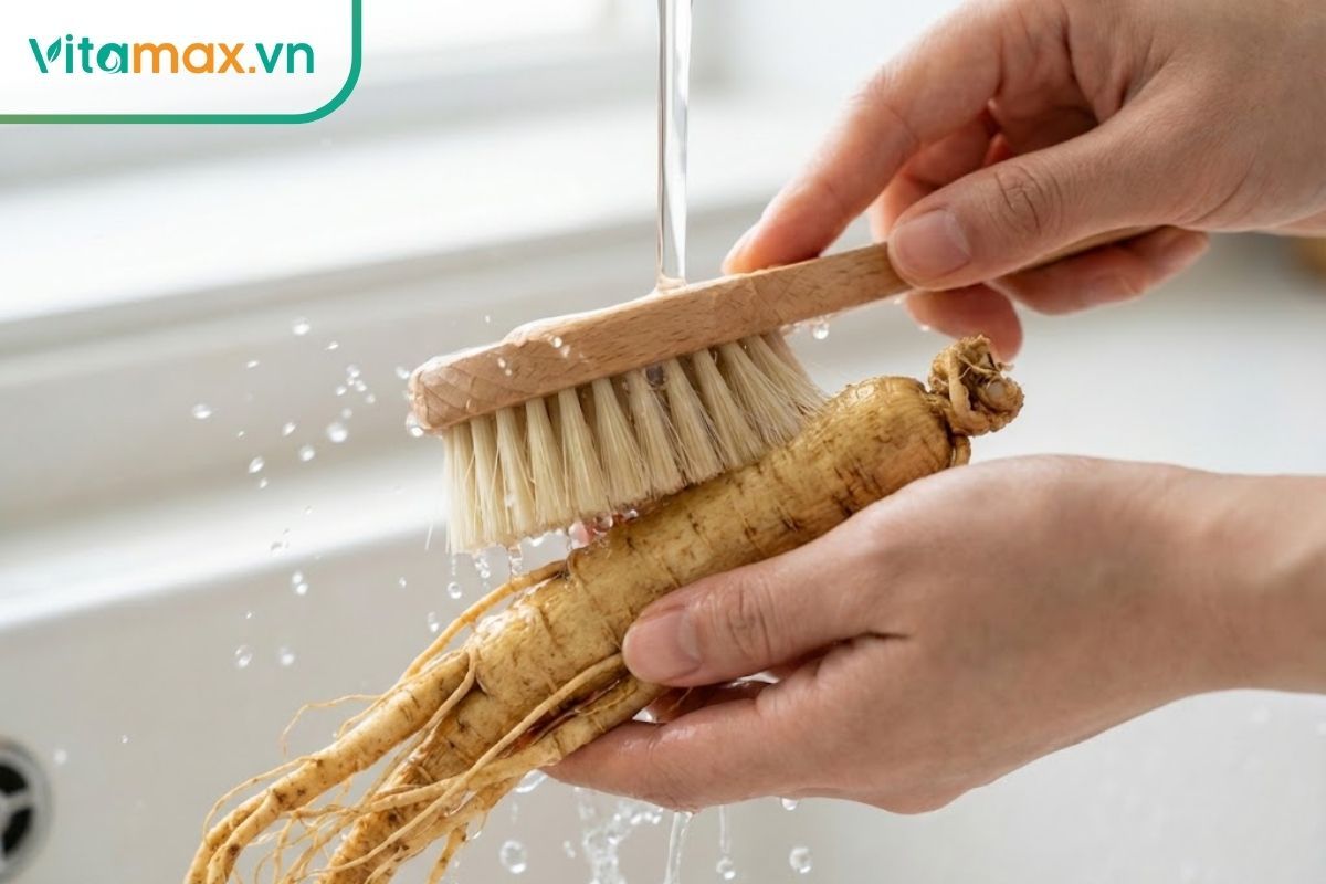kỹ thuật rửa sâm tươi bằng bàn chải mềm dưới vòi nước sạch