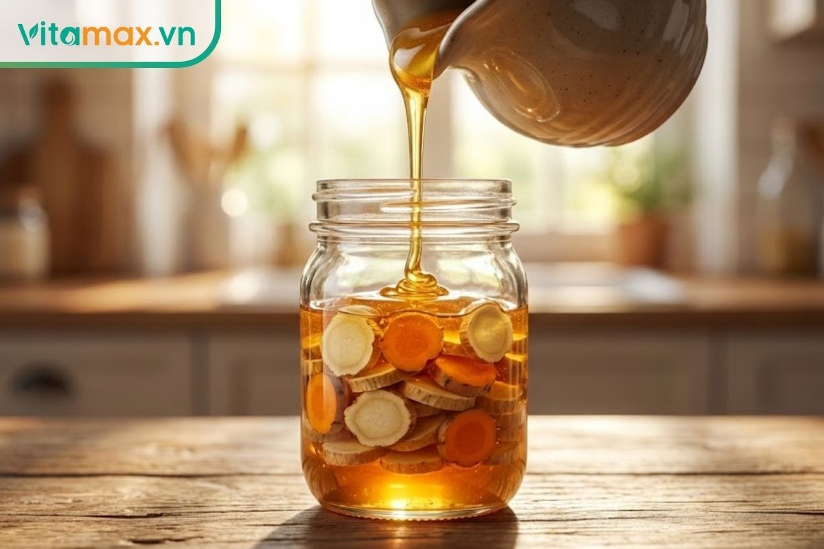 Mật ong đang được rót từ từ vào hũ thủy tinh chứa các lớp sâm và nghệ xen kẽ nhau.