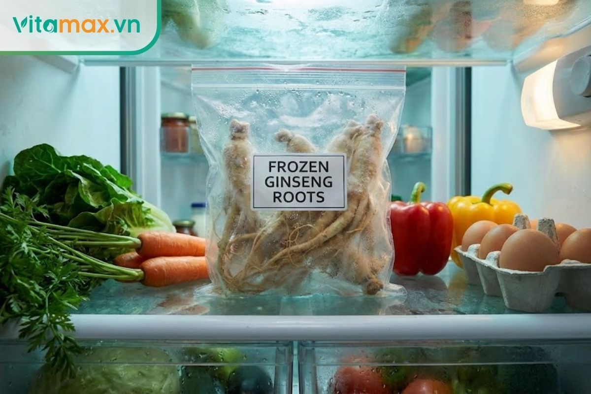 Túi sâm đang được rã đông từ từ trong ngăn mát tủ lạnh.