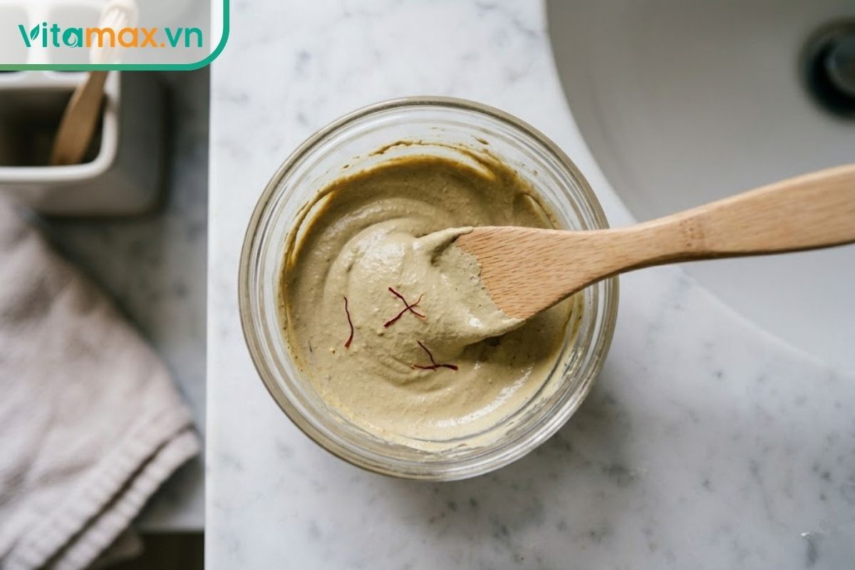 Bát thủy tinh chứa hỗn hợp mặt nạ đất sét sệt mịn đang được trộn đều bằng thìa gỗ cùng dung dịch nhụy hoa nghệ tây.