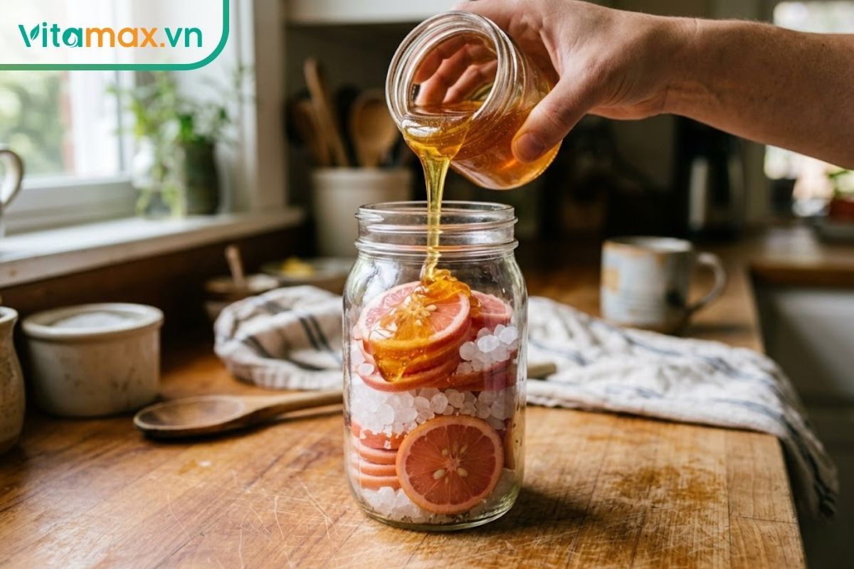 Rót mật ong nguyên chất từ từ vào hũ thủy tinh đã xếp sẵn chanh đào và đường phèn.