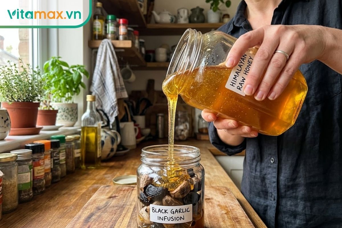 Rót từ từ mật ong nguyên chất vào hũ thủy tinh cho ngập bề mặt tỏi đen.