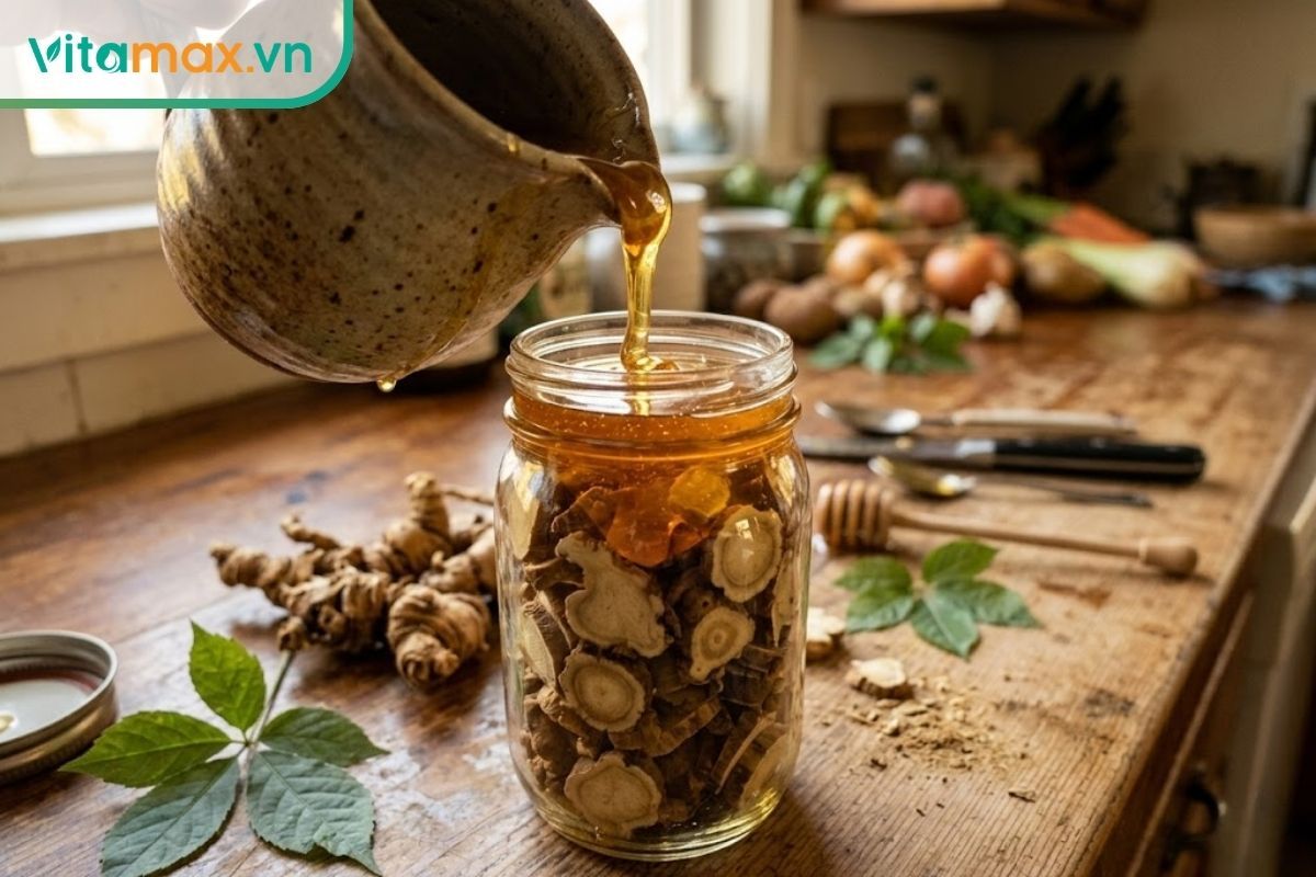 Dòng mật ong rừng nguyên chất sánh đặc đang được rót từ từ vào bình thủy tinh chứa đầy các lát sâm Ngọc Linh.