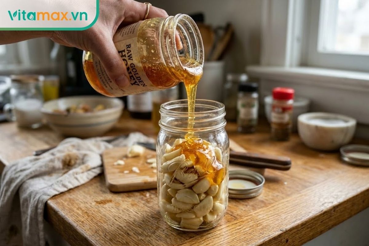 Rót từ từ mật ong nguyên chất đặc sánh vào bình thủy tinh chứa tỏi thái lát.