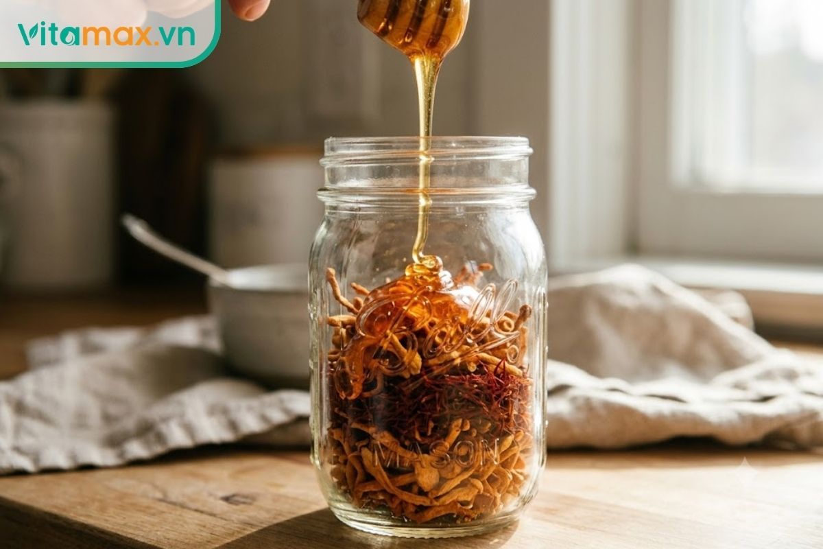 Dòng mật ong đặc sánh màu vàng óng đang được rót từ từ vào hũ thủy tinh đã xếp sẵn nấm đông trùng hạ thảo khô và sợi saffron đỏ.