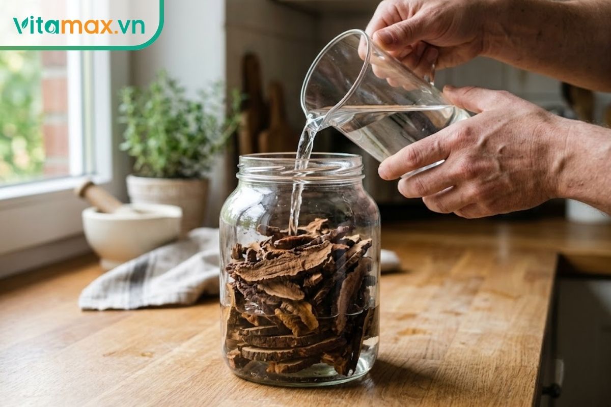 Đôi tay đang cầm một ca thủy tinh rót rượu trắng cẩn thận vào bình thủy tinh lớn đã xếp sẵn những lát nấm linh chi bên trong.
