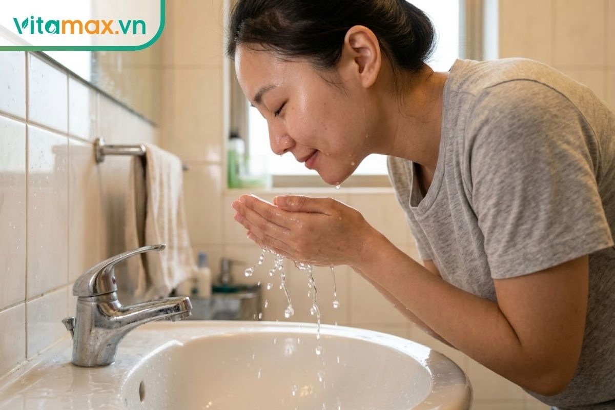 Một người phụ nữ đang vớt nước sạch để rửa trôi lớp mặt nạ tự nhiên trên da mặt, để lại làn da mộc tươi sáng, sạch sẽ và không hề bị ố vàng.