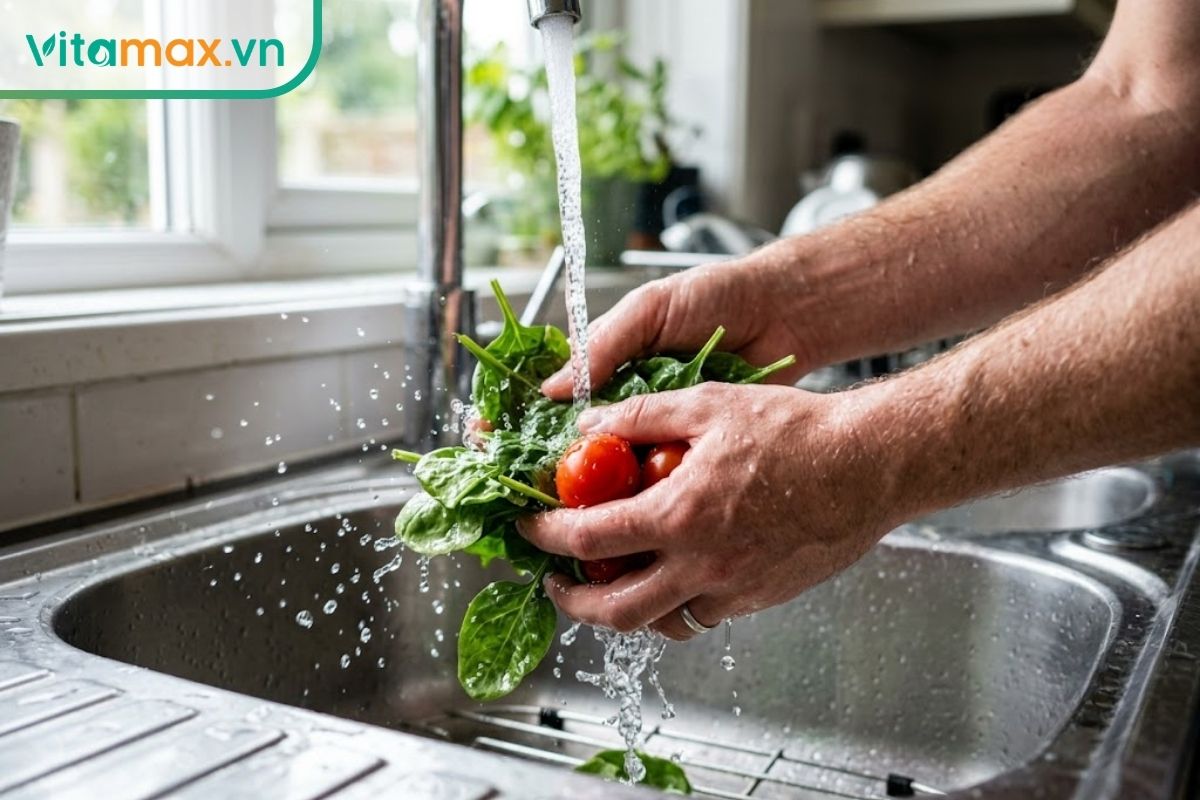 Cận cảnh đôi bàn tay đang rửa sạch rau cải bó xôi và cà chua dưới vòi nước chảy tại bồn rửa bát để đảm bảo an toàn vệ sinh.