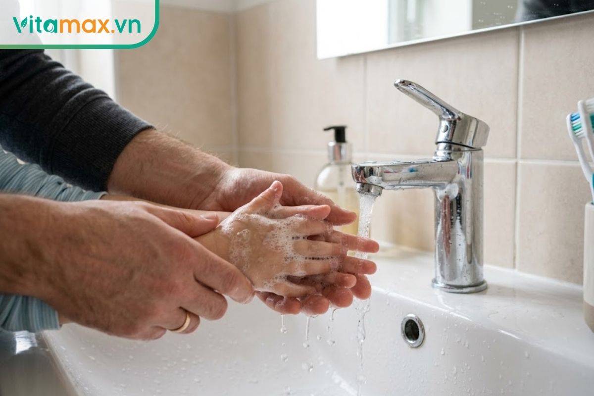 Cận cảnh bàn tay người lớn đang áp vào bàn tay nhỏ của trẻ em để xoa bọt xà phòng trắng dưới vòi nước bồn rửa mặt, bối cảnh phòng tắm sáng sủa.
