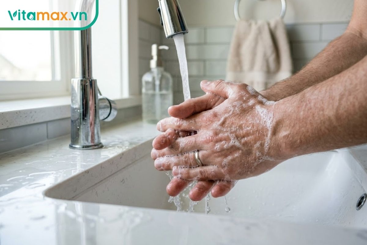 Cận cảnh hai bàn tay đang xoa bọt xà phòng trắng dưới vòi nước trong bồn rửa mặt, thực hiện quy trình rửa tay sạch sẽ.