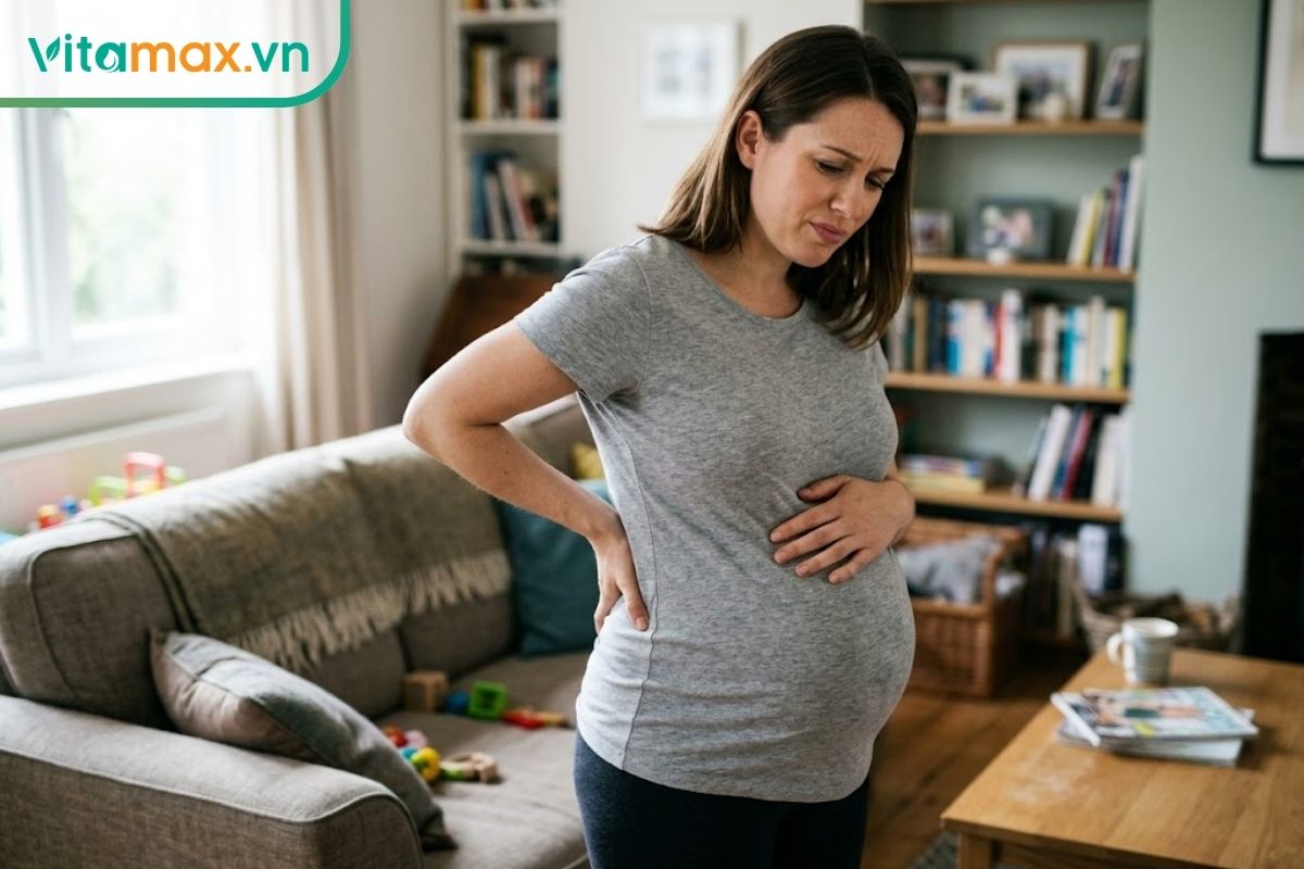 Mẹ bầu đang đứng trong phòng khách, một tay đỡ lưng dưới, tay kia đặt lên bụng với nét mặt nhăn nhó nhẹ do khó chịu.
