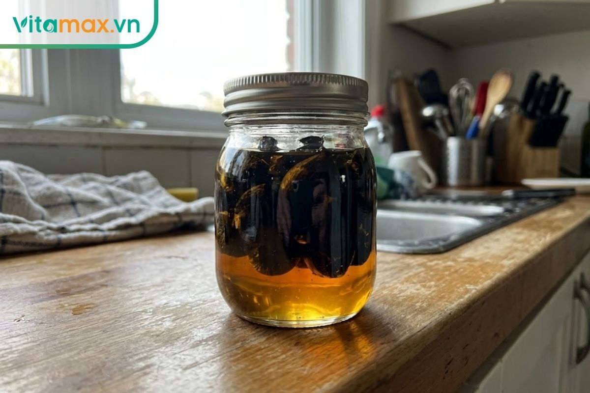 Bình thủy tinh chứa rượu ngâm tỏi đen và mật ong với màu sẫm đặc trưng.