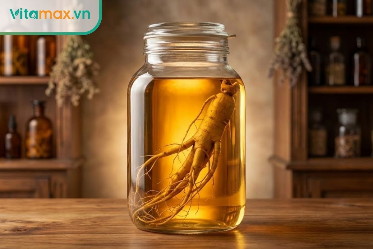 : Bình rượu sâm ngâm lâu năm có màu vàng hổ phách, củ sâm nguyên vẹn trong bình thủy tinh trong suốt.