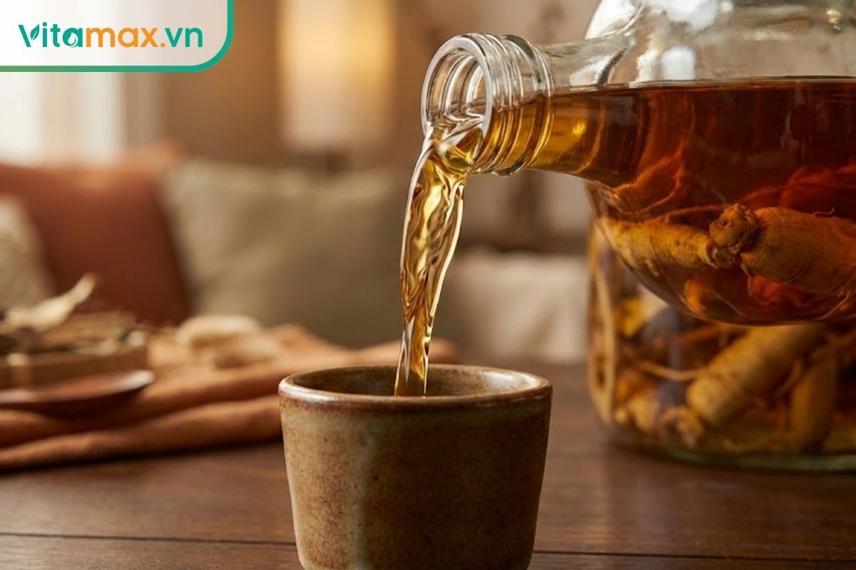 rót rượu sâm màu vàng đậm ra ly nhỏ sau 6 tháng ngâm ủ