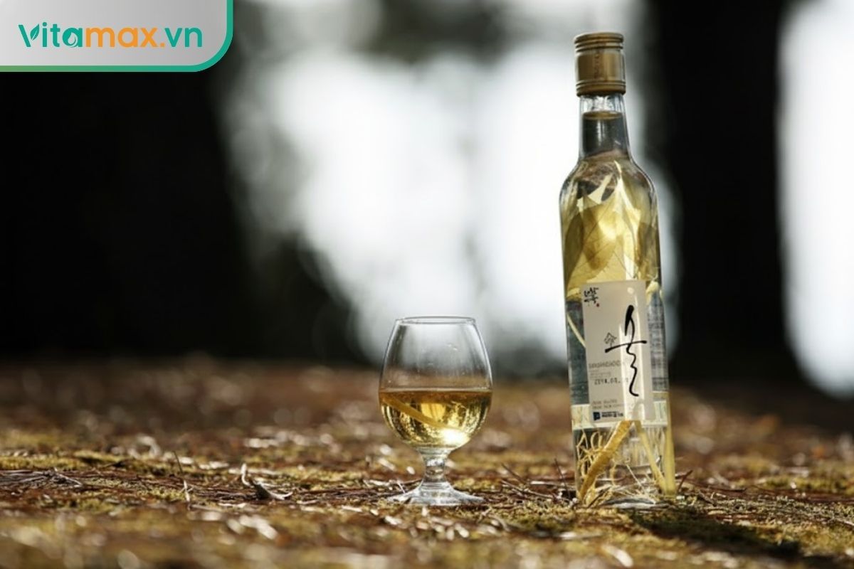 rượu sâm Hàn Quốc với củ nhân sâm đỏ thật, biểu tượng cho sức khỏe và sinh lực