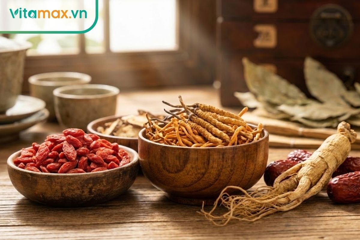 Các loại dược liệu bổ sung như kỷ tử đỏ, đông trùng hạ thảo bên cạnh sâm và táo đỏ.