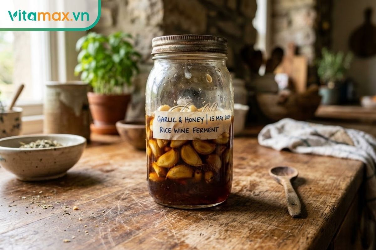 Bình rượu tỏi mật ong tự ngâm tại nhà với màu vàng nâu tự nhiên, minh họa cho các tác dụng với sức khỏe.