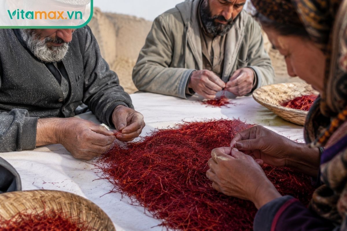 Người phân loại sợi saffron Afghanistan vùng Herat, minh họa màu sắc đậm và quy trình thủ công tự nhiên.