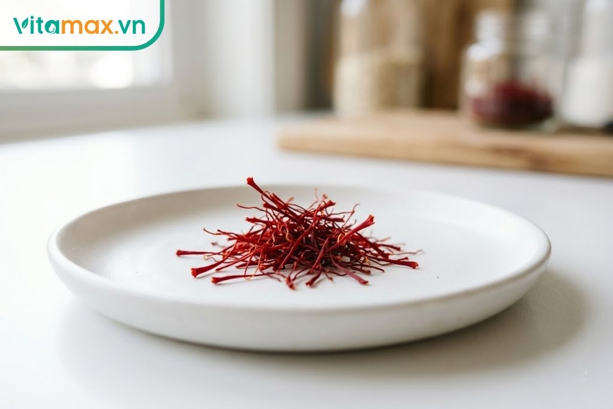 Chụp cận cảnh những sợi saffron màu đỏ thẫm chất lượng cao, dài và nguyên vẹn, được đặt gọn gàng trên một chiếc đĩa gốm sứ màu trắng tinh khiết.