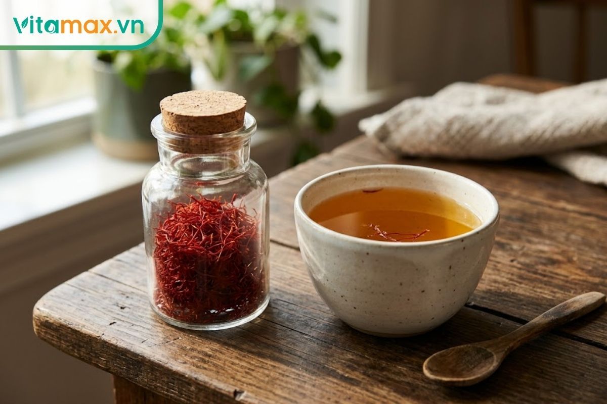 Một hũ thủy tinh cao cấp chứa đầy những sợi saffron màu đỏ đậm nguyên chất đặt trên bàn, bên cạnh là một tách trà saffron óng ánh.