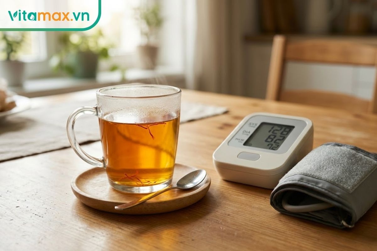 Một ly thủy tinh chứa trà saffron màu vàng hổ phách đặt cạnh một máy đo huyết áp điện tử tại nhà trên mặt bàn gỗ sáng màu.