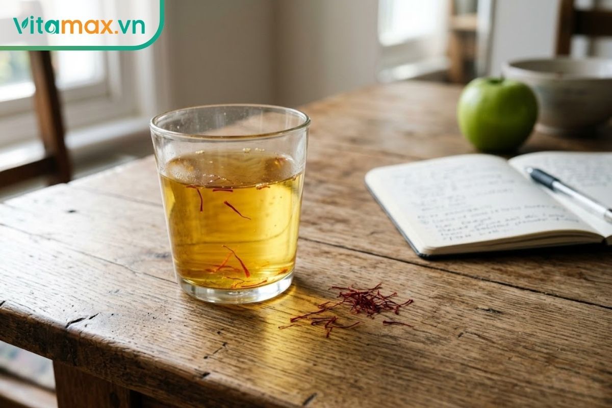 Ly nước saffron màu vàng óng đặt trên bàn gỗ mộc mạc, biểu tượng cho phương pháp hỗ trợ giảm cân tự nhiên và an toàn.