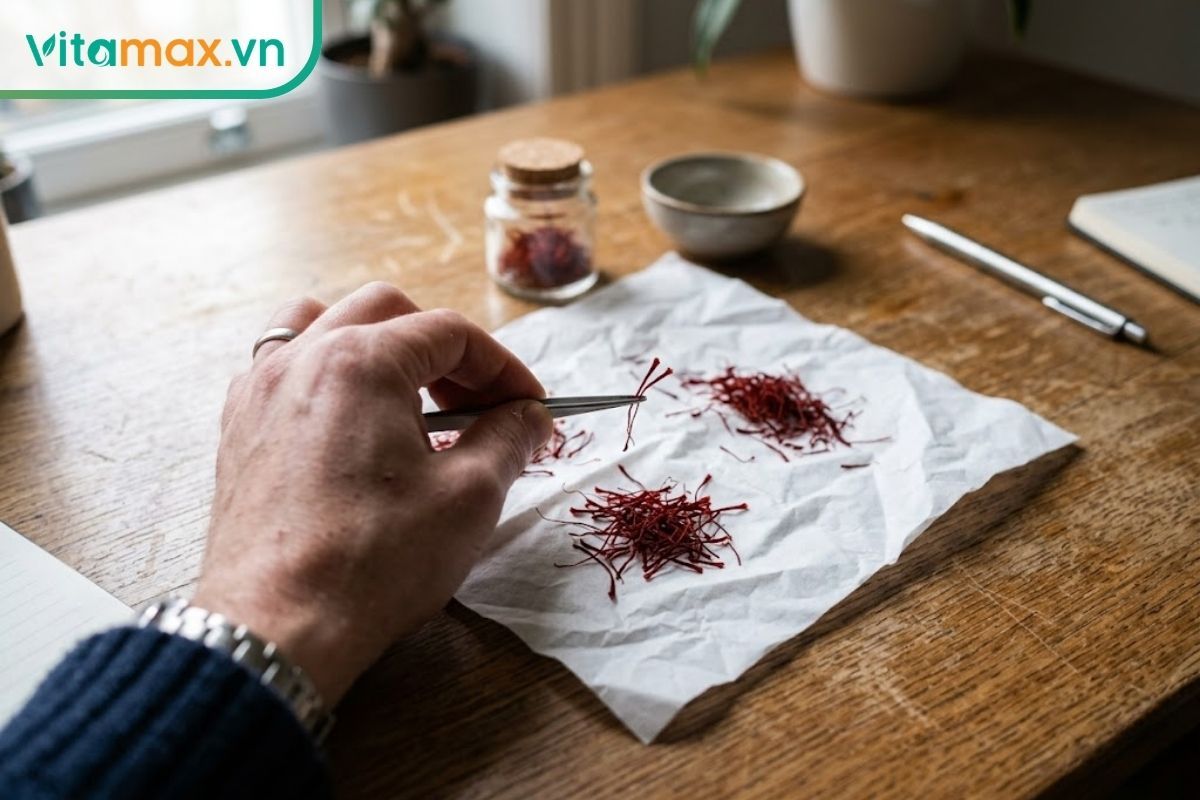Cận cảnh sợi saffron Iran Super Negin đỏ đậm, dài và ít chân vàng để người đọc nhận biết chất lượng sợi.