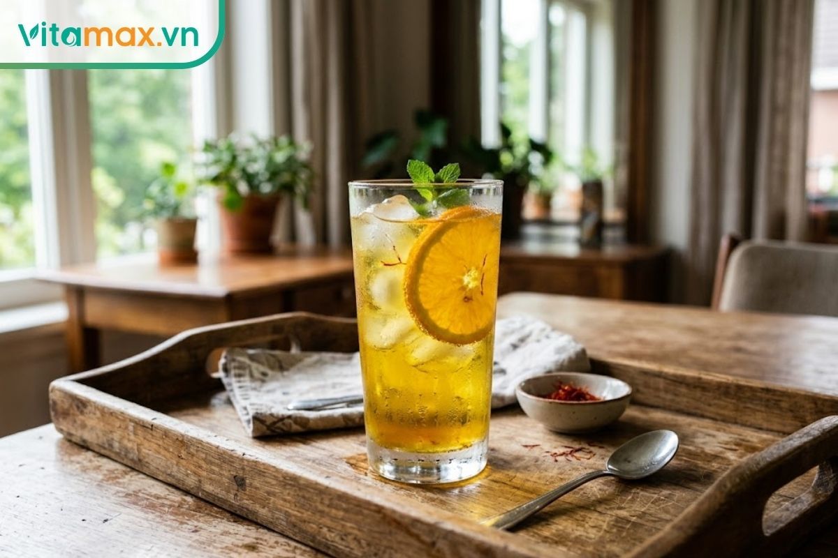 Ly nước saffron lạnh màu vàng óng, bên trong có nhiều đá viên, một lát cam tươi và một nhánh bạc hà trang trí, đặt trên khay gỗ mộc mạc.