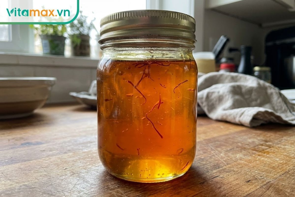 Cận cảnh hũ saffron ngâm mật ong thành phẩm dưới ánh sáng tự nhiên, hiển thị rõ màu vàng cam óng ả và các sợi saffron lơ lửng.