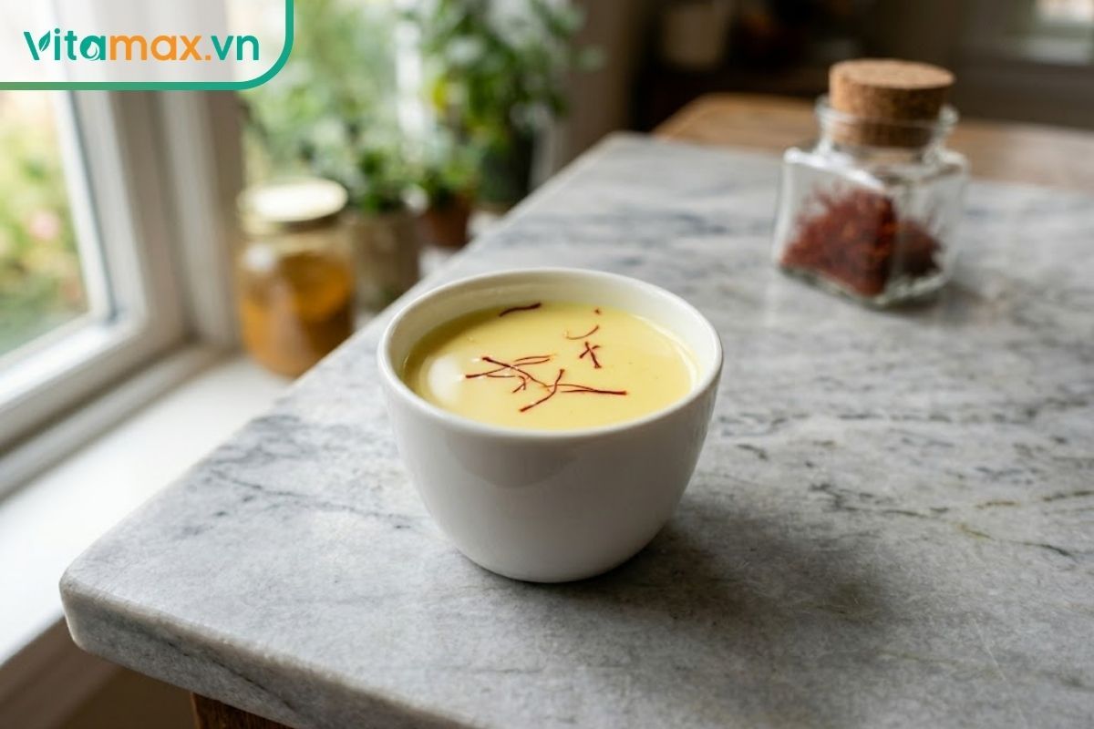 Chén sứ nhỏ chứa sữa tươi không đường đã ngả sang màu vàng nhạt mướt mắt sau khi ngâm các sợi nhụy hoa nghệ tây.