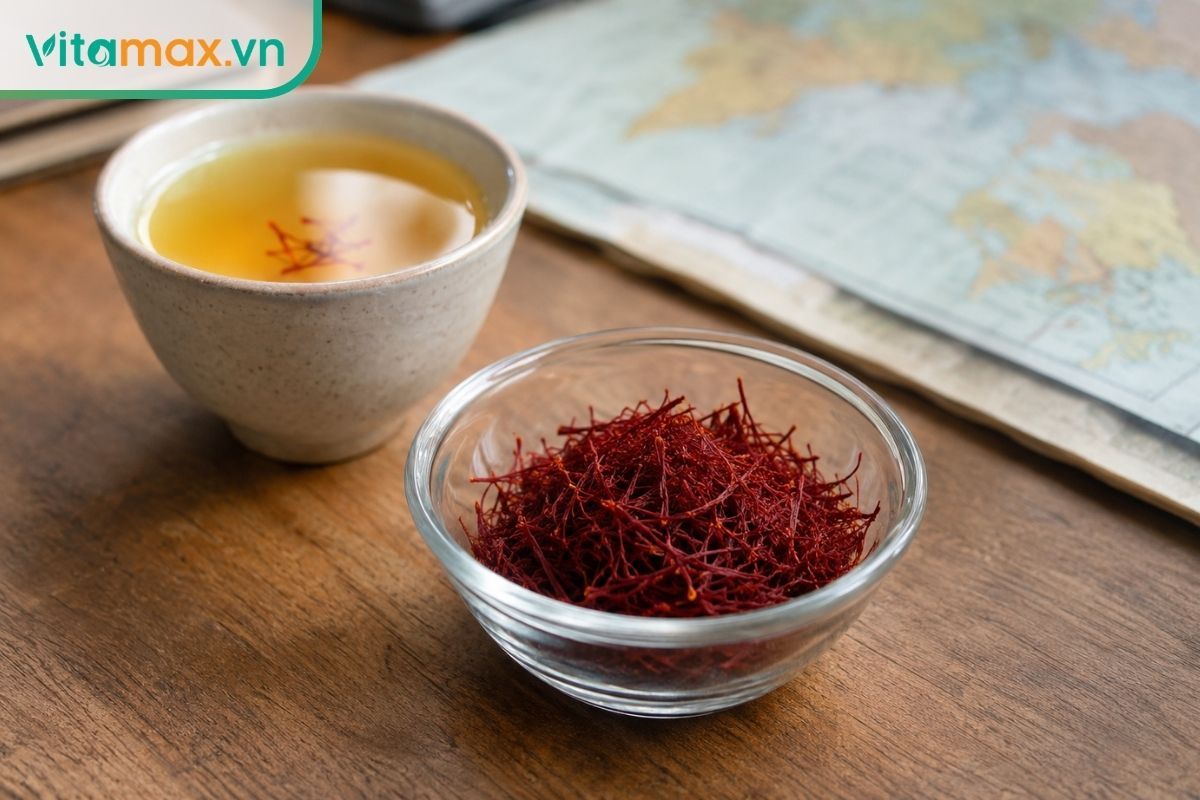 Cận cảnh sợi saffron đỏ đậm bên cạnh tách trà ấm, gợi ý cách chọn saffron tốt theo nguồn gốc và nhu cầu sử dụng