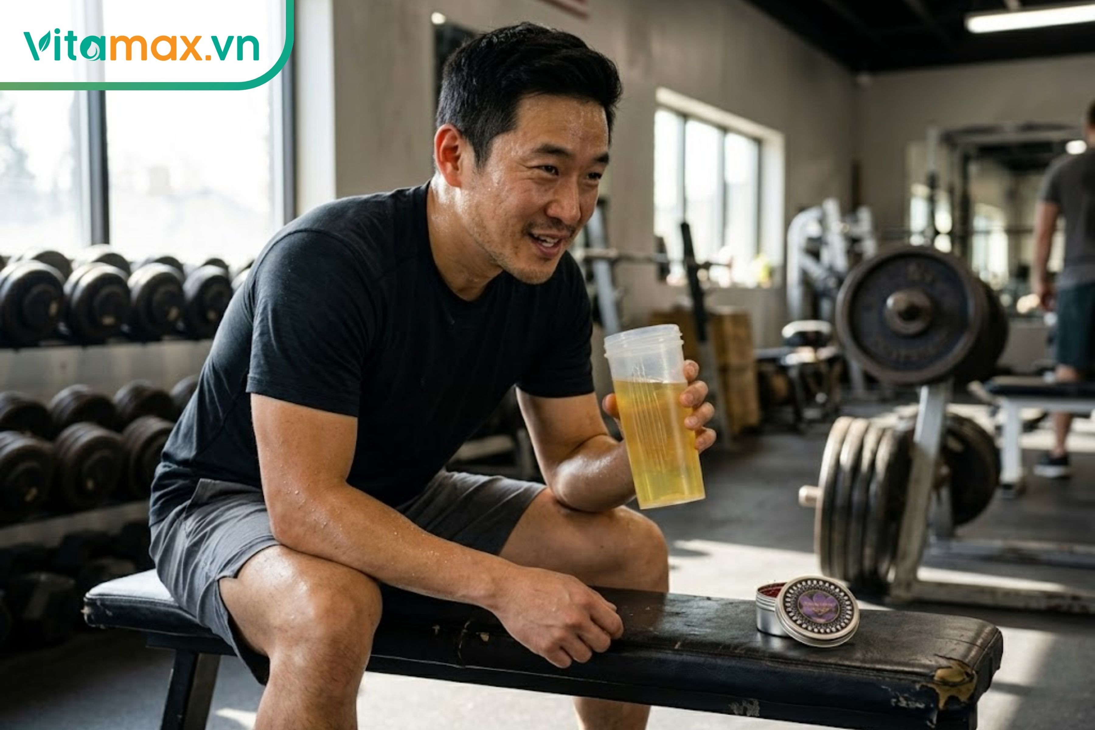 Thanh niên đang nghỉ ngơi và uống nước saffron vàng óng tại phòng tập gym để phục hồi cơ bắp.