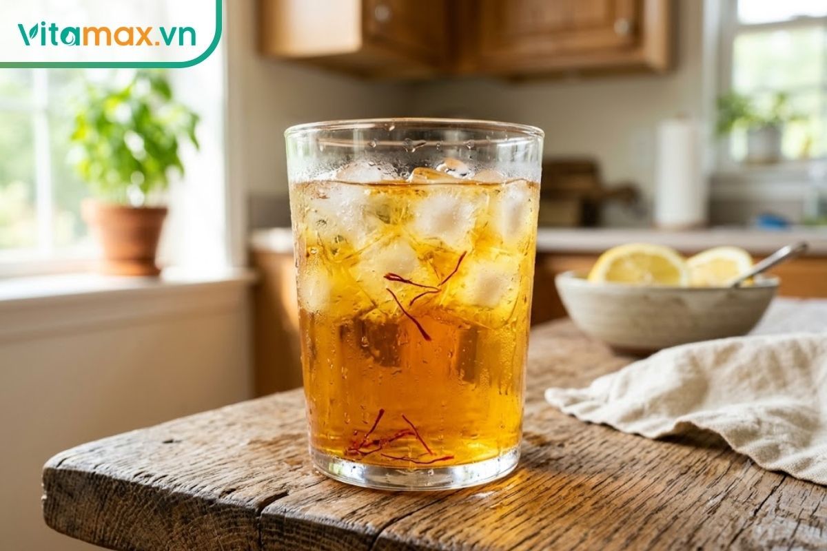 Một ly thủy tinh đựng nước saffron màu vàng cam rực rỡ, bên trong có nhiều viên đá lạnh và vài giọt nước đọng bên ngoài thành ly, đặt trên bàn gỗ bếp đón ánh nắng tự nhiên.