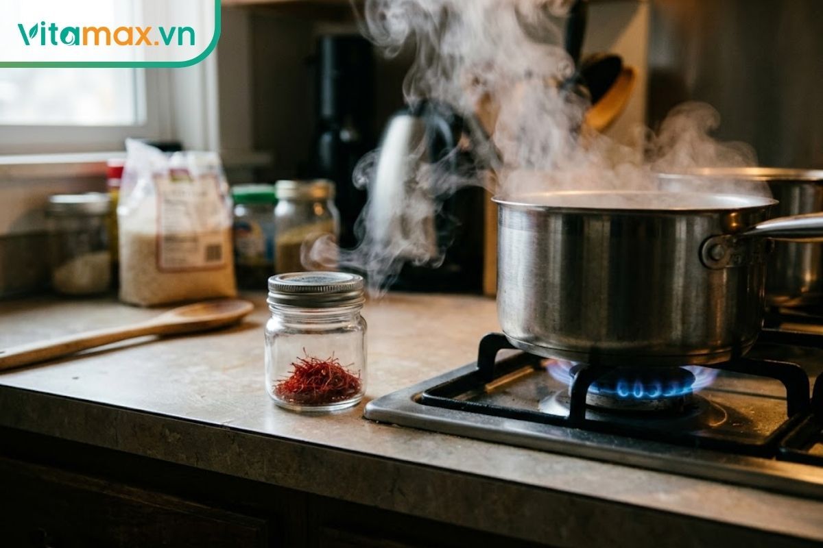 Hũ thủy tinh đựng saffron bị đặt sai chỗ ngay sát một chiếc nồi đang bốc hơi nước trên bếp, làm tăng nguy cơ bị ẩm và hỏng.
