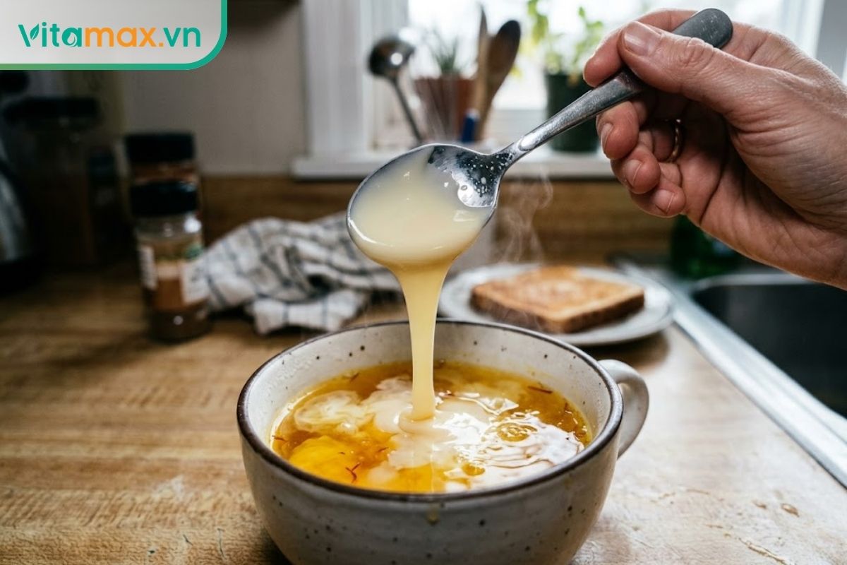 Cận cảnh một dòng sữa đặc có đường đang được rót từ thìa vào tách trà nhụy hoa nghệ tây, khiến nước chuyển sang màu đục béo ngậy.