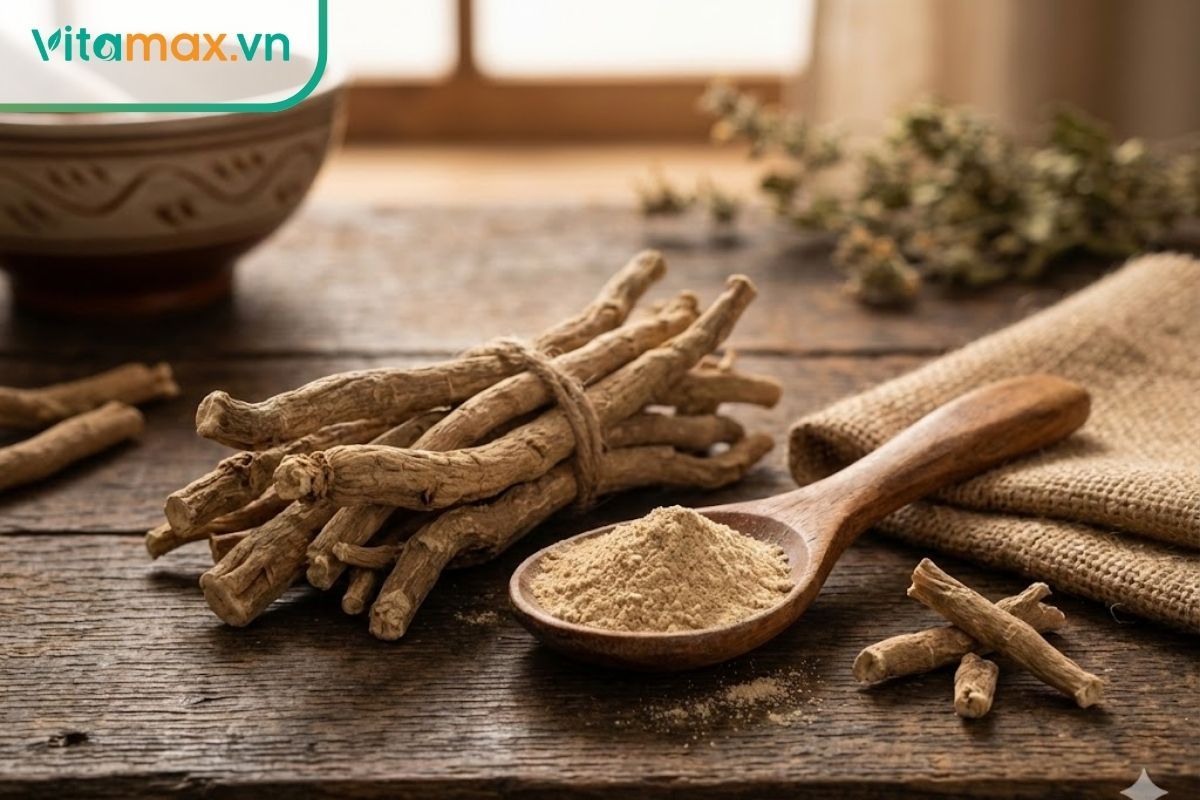 Rễ sâm Ấn Độ Ashwagandha khô và bột được bày trí theo phong cách thảo dược Ayurveda.