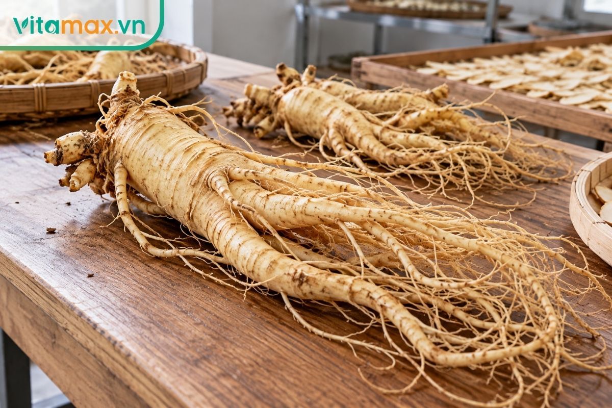 Củ sâm Hàn Quốc màu vàng kem, rễ chính dài và nhiều nhánh nhỏ được bày trên khay gỗ trong khu sơ chế sạch.