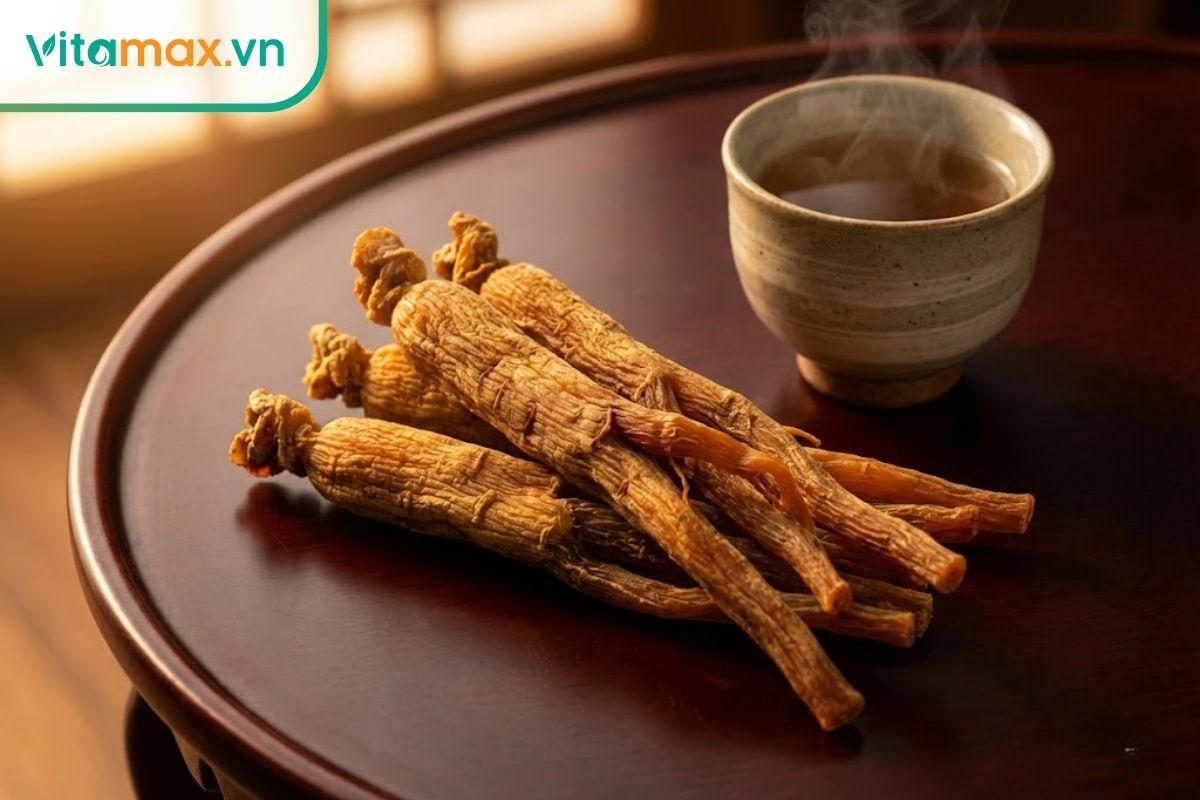 Củ sâm khô Hàn Quốc 6 năm tuổi chất lượng cao xếp trên bàn gỗ sang trọng.