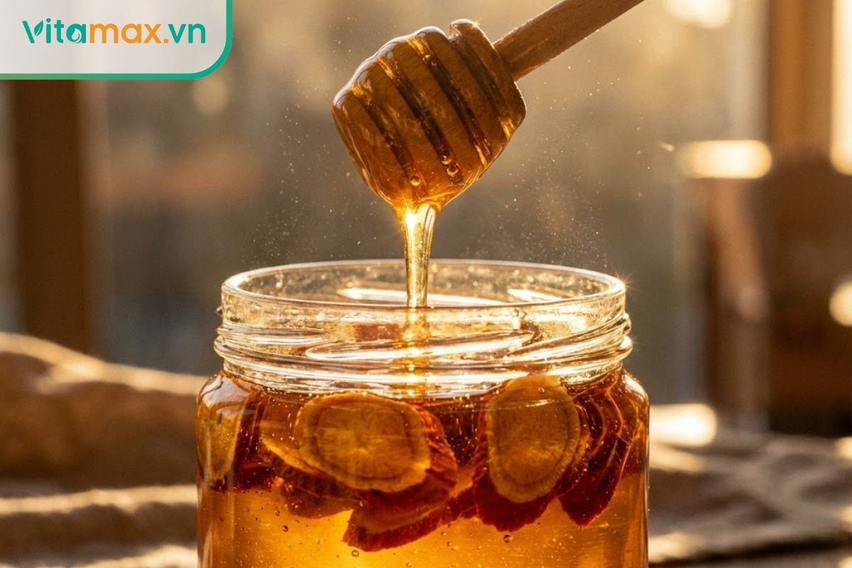 Sâm ngâm mật ong không chỉ bảo quản được lâu mà còn trung hòa vị đắng, rất dễ dùng cho người già và phụ nữ.