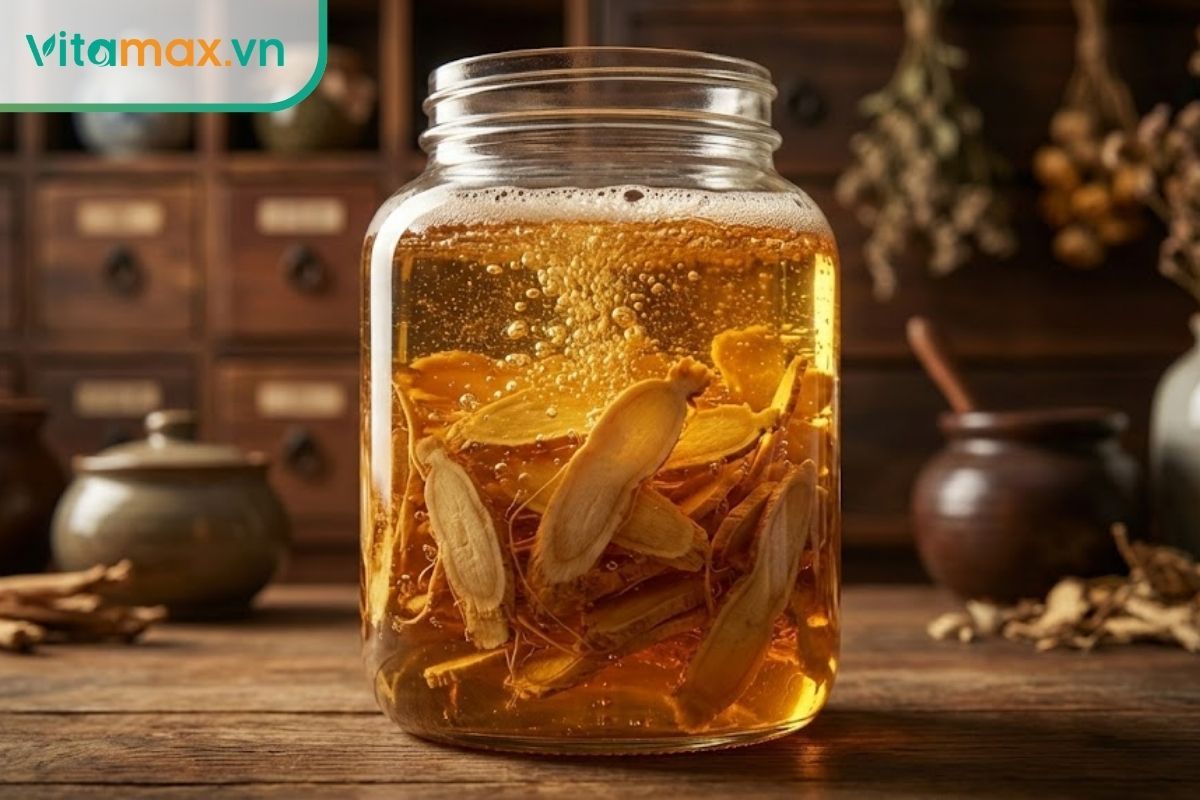 Hũ thủy tinh chứa sâm lát ngâm mật ong đang có hiện tượng lên men và sủi bọt khí nhỏ.