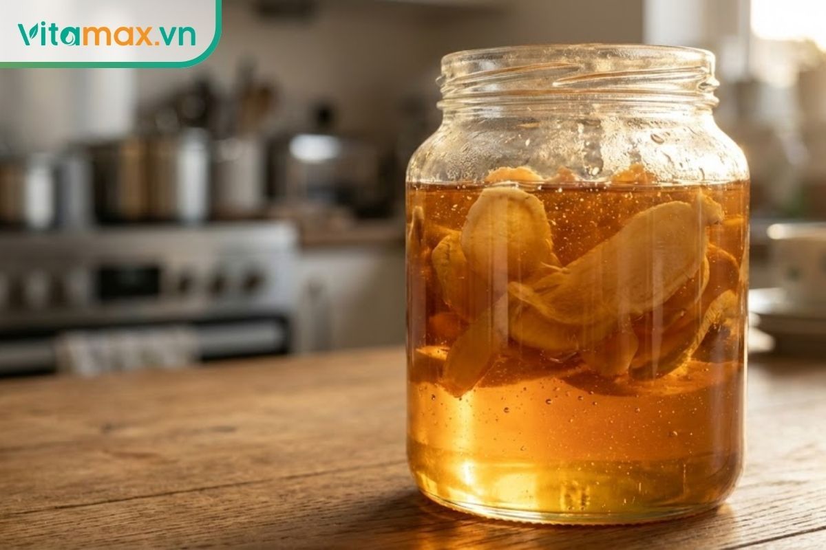 Hũ thủy tinh chứa sâm thái lát ngâm mật ong vàng óng, có lớp bọt khí tự nhiên nhẹ, đặt trên bàn gỗ dưới ánh nắng.