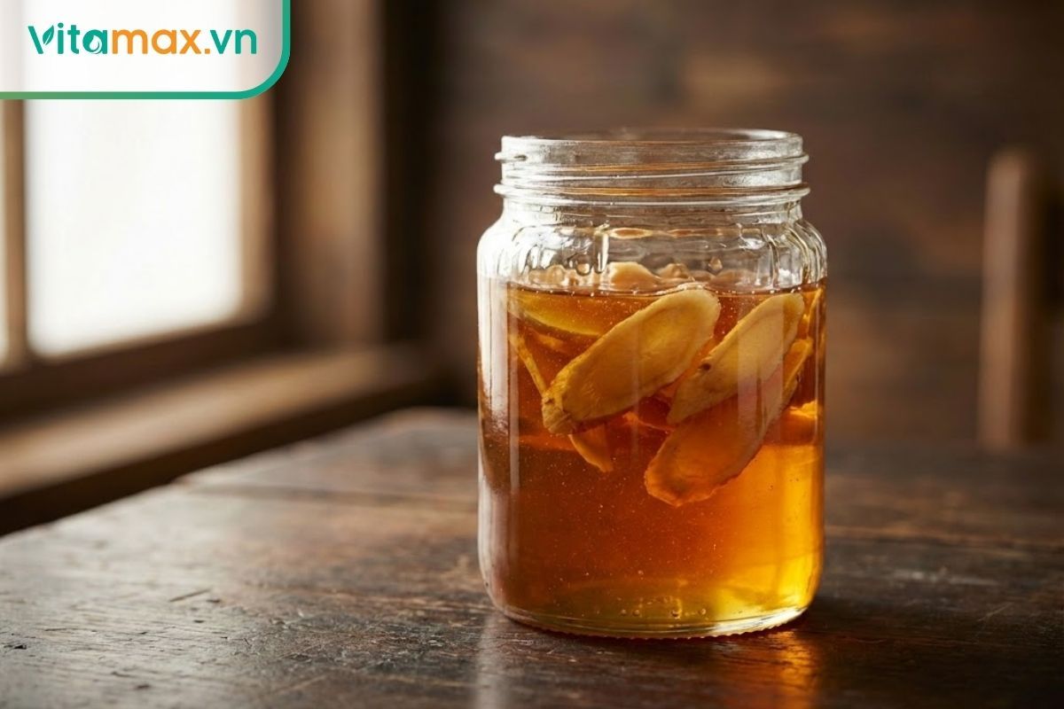Hũ sâm ngâm mật ong vàng óng đặt trên bàn gỗ, minh họa cho thắc mắc sâm ngâm mật ong để được bao lâu.