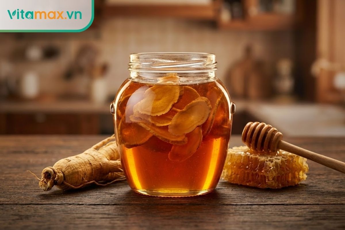 Cận cảnh hũ sâm ngâm mật ong nguyên chất với lát sâm thái mỏng và màu vàng hổ phách đẹp mắt.