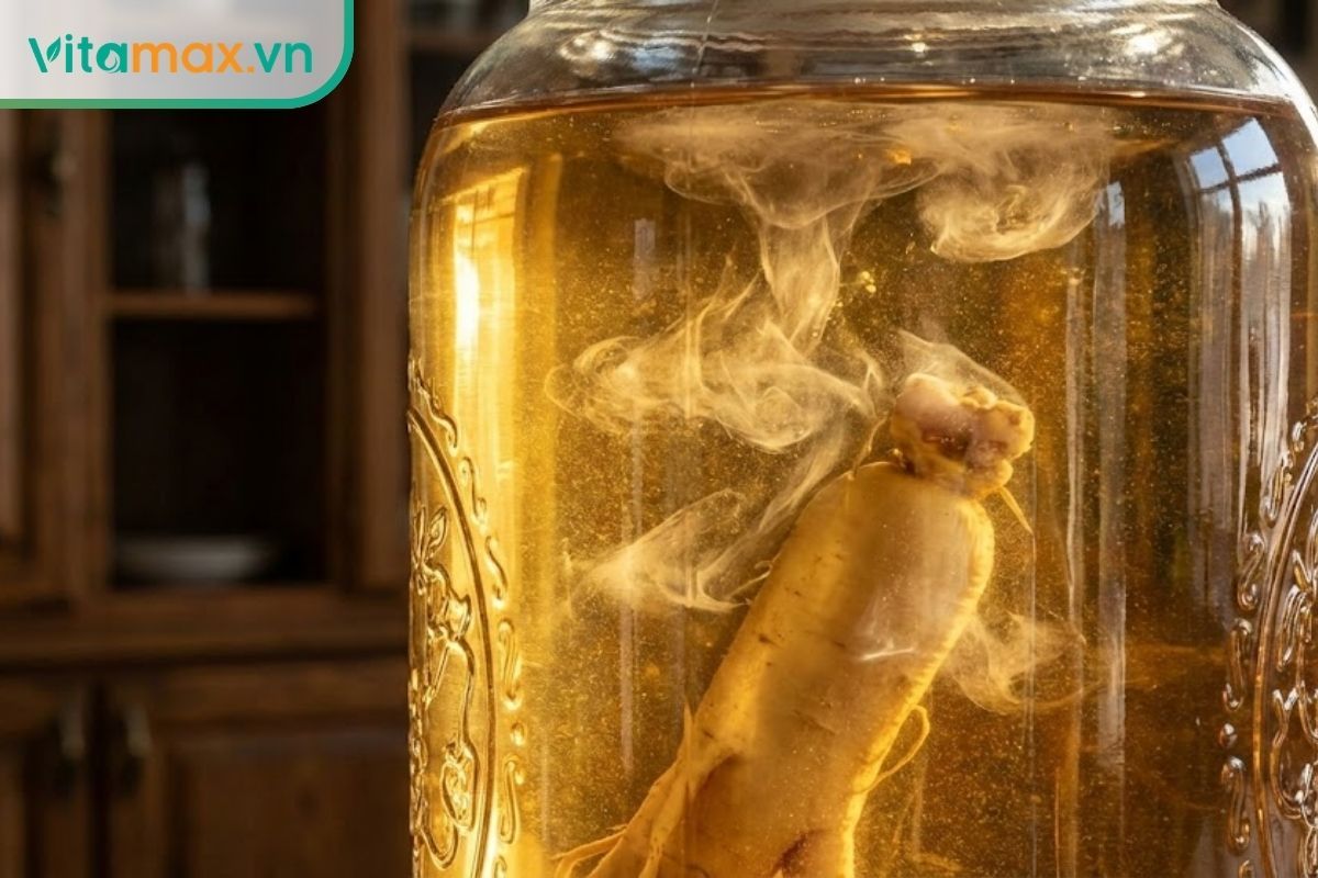 Cận cảnh bình sâm ngâm rượu có hiện tượng vẩn đục nhẹ do nhựa sâm và saponin kết tủa tự nhiên.