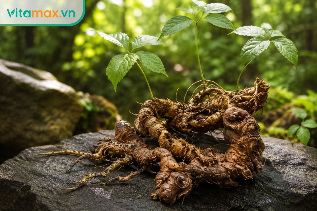 Củ sâm Ngọc Linh tươi nguyên bản đặt trên phiến đá tự nhiên tối màu, ánh sáng trong trẻo chiếu qua lá rừng làm nổi bật các đốt sâm, biểu tượng cho dược liệu quý hiếm.
