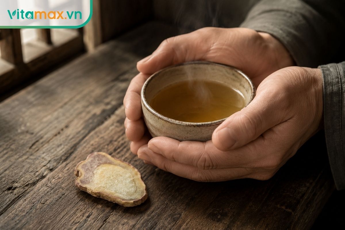 Tách trà hãm từ những lát sâm Ngọc Linh tươi đang bốc khói nhẹ trên mặt bàn gỗ, bên cạnh là một lát sâm tươi có ruột màu vàng nhạt, thể hiện hương vị đắng thanh đặc trưng.