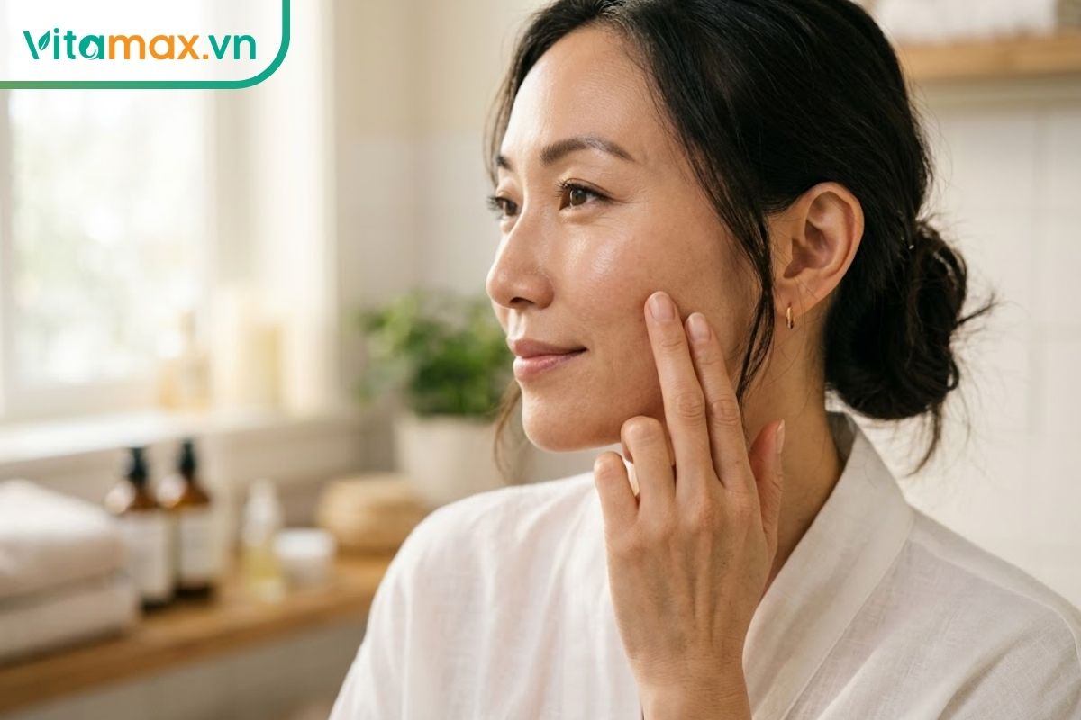Cận cảnh một phần gương mặt của người phụ nữ đang nhẹ nhàng chạm tay lên má, thể hiện làn da mềm mại, đủ ẩm và có độ đàn hồi tự nhiên.