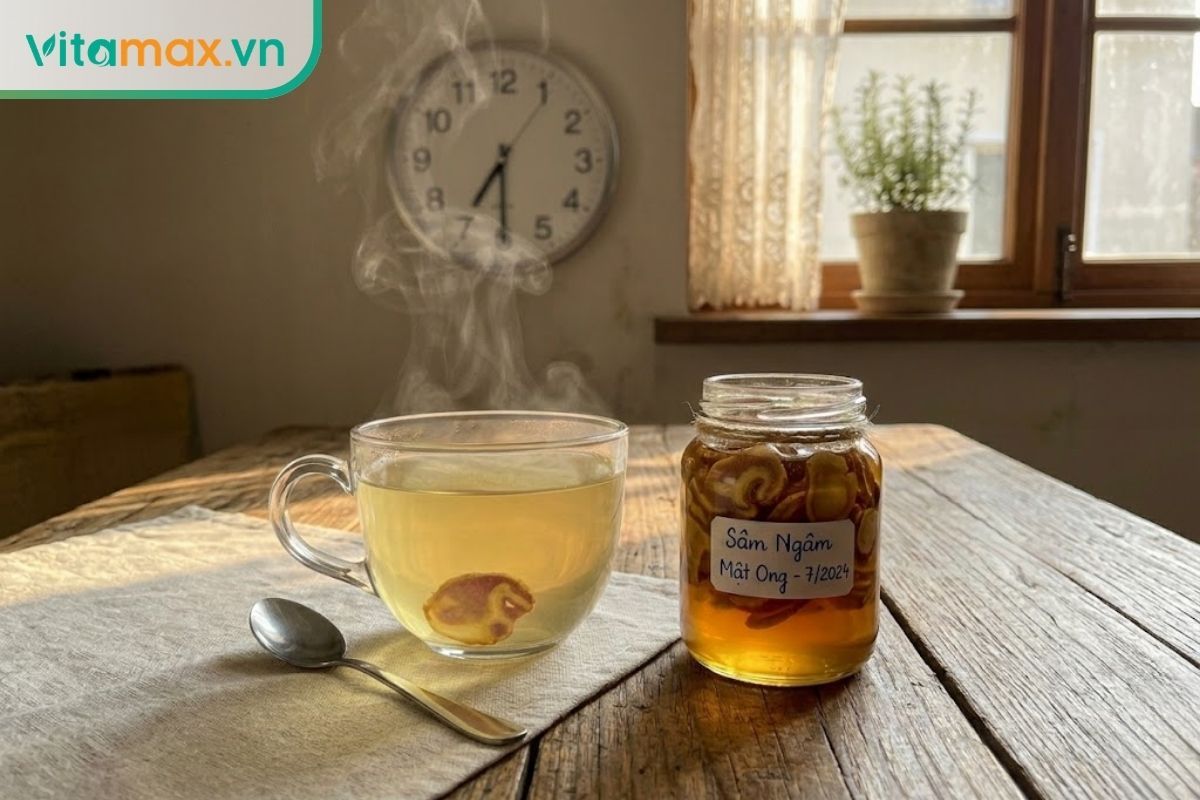 Sâm Ngọc Linh nên uống lúc nào để bồi bổ tốt nhất? Cảnh chuẩn bị một ly sâm nóng vào buổi sáng sớm.