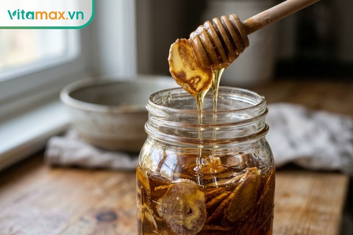 Cận cảnh bình thủy tinh chứa các lát sâm Ngọc Linh thái mỏng đang được ngâm trong mật ong nguyên chất sánh mịn.