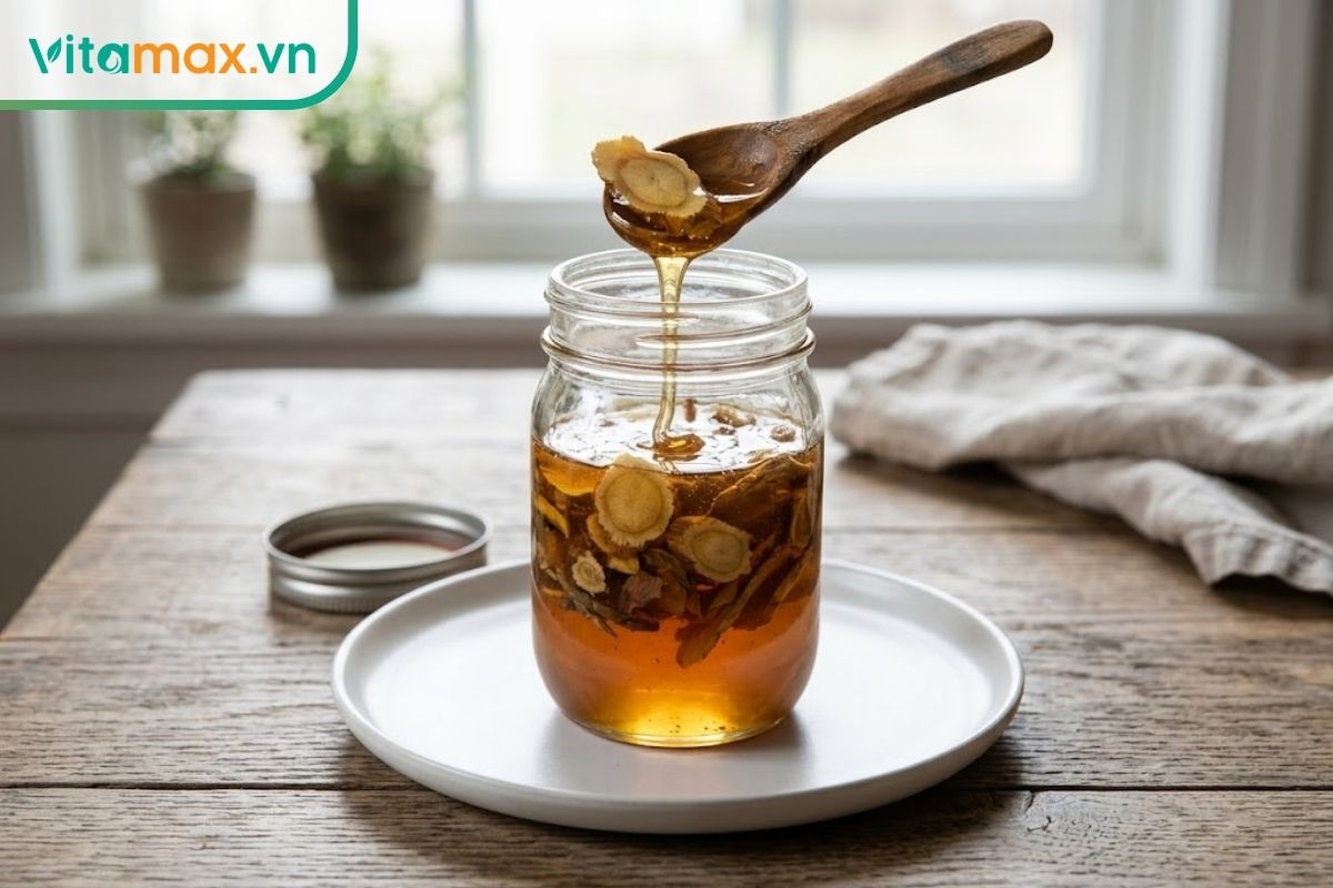 Hũ thủy tinh đựng các lát sâm Ngọc Linh ngâm trong mật ong sánh vàng, đặt cạnh một chiếc thìa gỗ nhỏ trên bàn ăn gia đình.